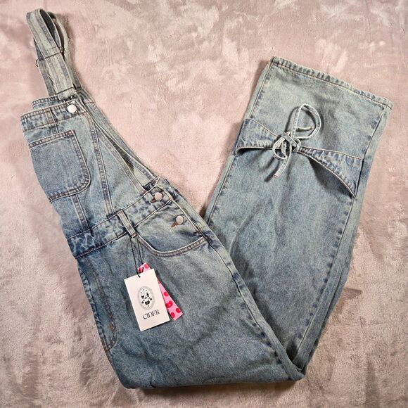 Cider Bow Knot Buckle Up Mid Rise Wide Leg Denim Overalls Jumpsuit Large NWT - Picture 2 of 8